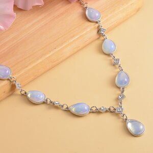 Opalite and Austrian Crystal Necklace 20-22 Inches in Silvertone 49.00 ctw